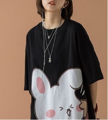 FINDSENSE X  男女 學生T恤百搭 圓領卡通圖案 短袖寬鬆T恤