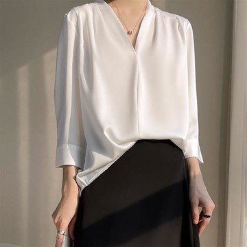【米蘭精品】現貨+預購緞面襯衫七分袖上衣-絲滑V領壓褶絲質女裝5色74lc63