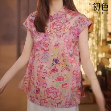 初色 新中式復古緹花立領斜襟改良式旗袍上衣女上衣-花色-13192(M-3XL可選)