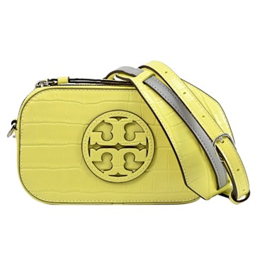 TORY BURCH 品牌經典LOGO鱷魚壓紋雙背帶斜背雙層相機包(黃色)