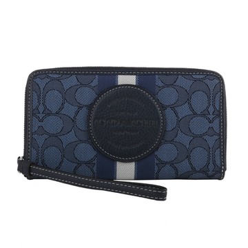 COACH 圓皮標馬車緹花織布附掛帶拉鍊長夾(藍x灰藍槓)