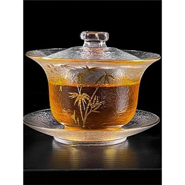 中式磨砂描金玻璃三才蓋碗茶杯子單個家用功夫茶具配件泡茶碗加厚