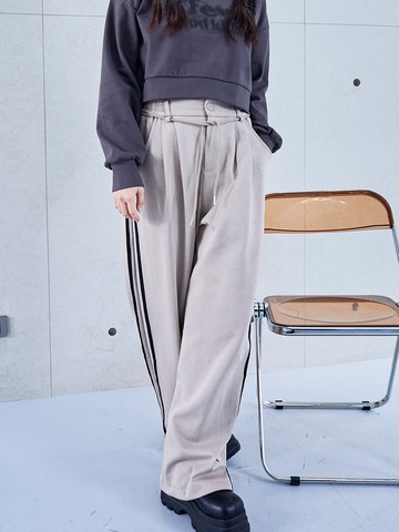 下擺抽繩橫條鬆緊帶長褲