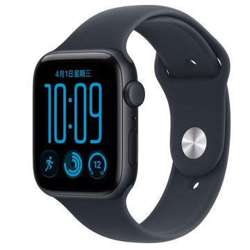 Apple Watch SE 3 (GPS + 行動網路)；44 公釐午夜色鋁金屬錶殼；海軍藍色運動型錶帶 - M/L