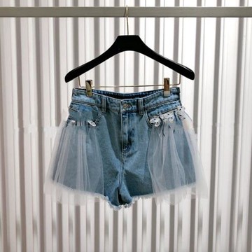 小眾潮牌2025春夏新款蝴蝶刺繡網紗拼接設計感牛仔短褲女潮ins