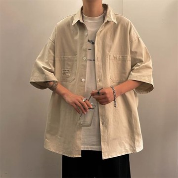 港風chic復古短袖襯衫男士夏季潮牌寬松潮流痞帥百搭工裝襯衣外套