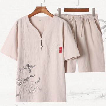 中年男士棉麻短袖短褲套裝夏季爺爺亞麻衣服寬松老年爸爸運動夏裝