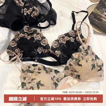 法式薄款刺繡網紗三角杯無鋼圈大胸顯小上托文胸套裝性感內衣奶罩