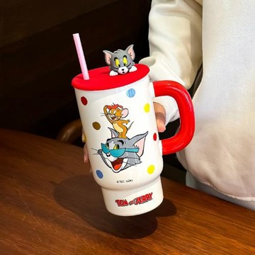 貓和老鼠陶瓷杯子女新款2024高顏值情侶水杯家用辦公室馬克杯帶蓋