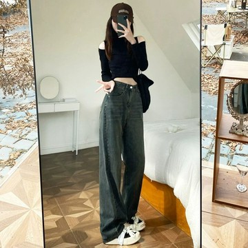 【Veee】復古做舊水泥灰 直筒牛仔褲女 高腰寬鬆顯瘦 百搭闊腿褲子潮 闊腿褲 長褲女 寬庫女 韓版 高腰垂感直筒