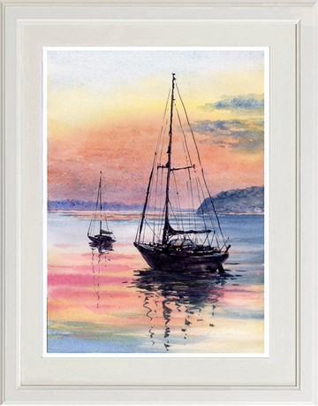 原創水彩畫日落與遊艇