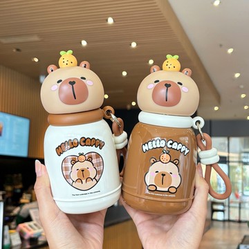 卡皮巴拉可愛搪膠學生高顏值胖胖杯堅固提環攜帶方便直飲口保溫杯