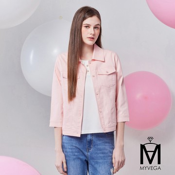 MA 甜美小碎花刺繡顯瘦七分袖丹寧外套-粉