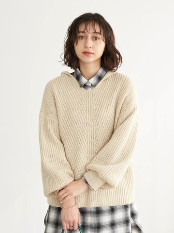 蓬袖V領連帽針織衫(1C21L2C0830) - earth music&ecology