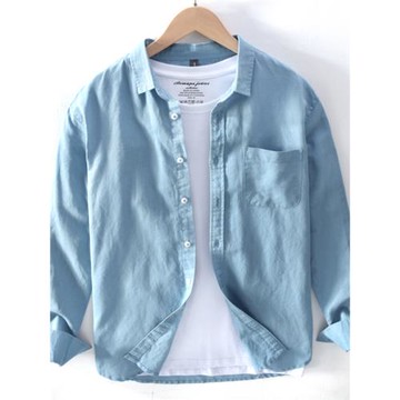 亞麻襯衫男夏季長袖薄潮流寬松文藝清新簡約百搭青年棉麻襯衣外穿