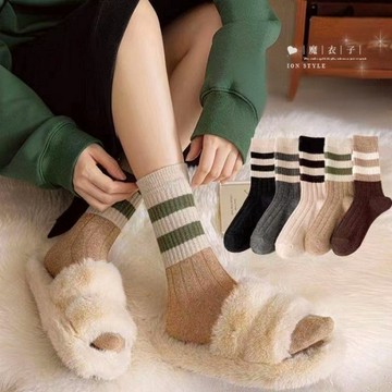【Q30A14】魔衣子-條紋百搭保暖棉襪中筒襪