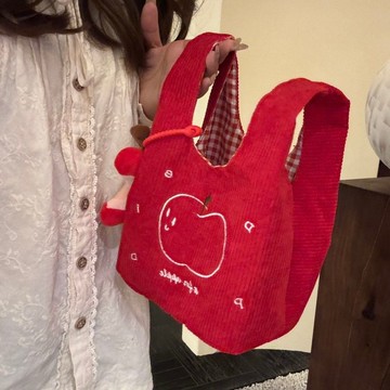 🔥熱賣🔥秋冬新款紅色燈芯絨蘋果手提包輕便通勤百搭手挽包可愛小手拎包