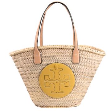 TORY BURCH Ella 條紋草編拼接皮革肩背托特包(淺褐/黃)