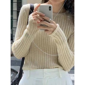 ounce圓領打底針織衫女 24ss秋新款休閑百搭純色修身顯瘦外穿毛衣