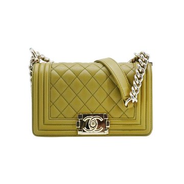 Chanel 展示品 Boy 菱格羊皮淡金釦掀蓋斜背包-20cm(A67085-芥末綠)