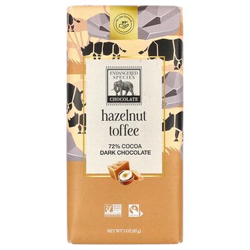 Endangered Species Chocolate, 榛子太妃糖+黑巧克力，72% 可可，3 盎司（85 克）