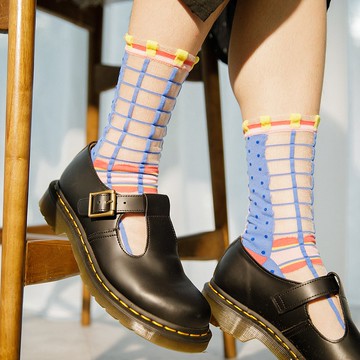 幾何系列 | 卡布里藍 -【台灣製】點點格子透紗中筒襪