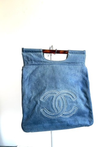 稀有日本中古二手Chanel天藍色牛仔布玳瑁手柄托特包手提包手挽袋