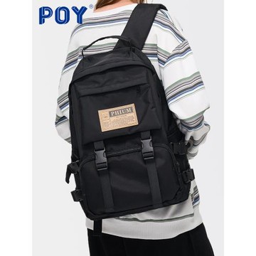 Poy®新品 美式書包女大學生大容量電腦背包黑色男學生工裝雙肩包