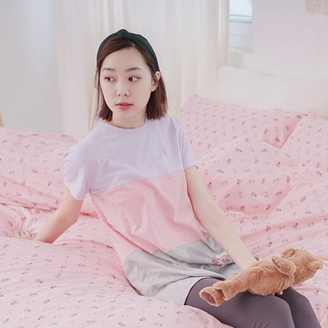 MIT有機棉拼接短袖長版居家服-粉紫