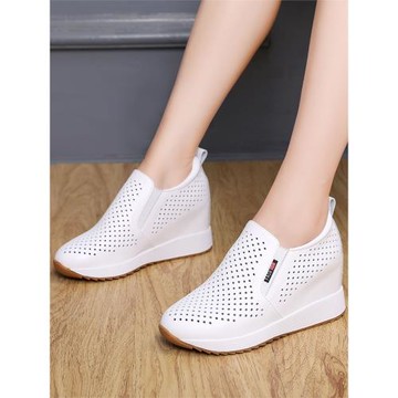 2025春季新款真皮小個子內增高女鞋單鞋鏤空透氣小白鞋百搭休閑鞋