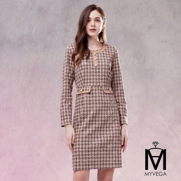 🍂限時5折【MA】彈性千鳥紋麂皮小香風短洋裝-駝