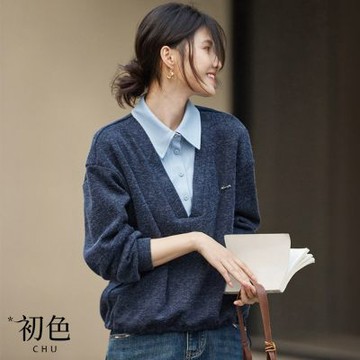 初色 英倫風保暖針織V領襯衫拼色假兩件長袖上衣女上衣-藏青色-18590(M-2XL可選)