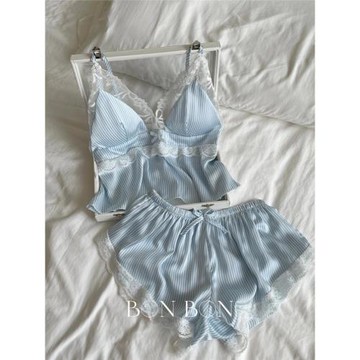 夏季純欲少女蕾絲花邊吊帶睡衣女夏款新款冰絲家居服短褲大碼套裝