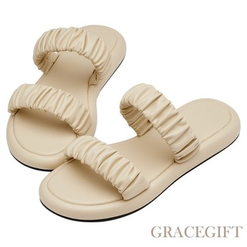 【Grace Gift】甜蜜女孩雲朵雙帶軟Q腳墊拖鞋 米白