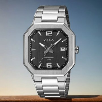 CASIO 卡西歐 八角日期指針手錶 不鏽鋼帶 考試錶 學生錶 夏日煥新提案 送禮推薦-黑x銀 MTP-B195D-1AV