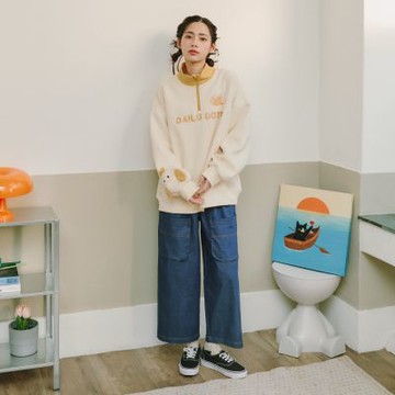 【Dailo】簡約牛仔寬褲 藍 黑