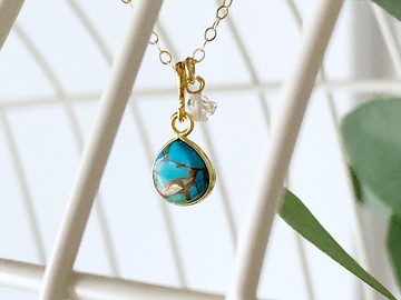 【十二月生日石】綠松石配銅和赫基默鑽石項鍊（K14GF）