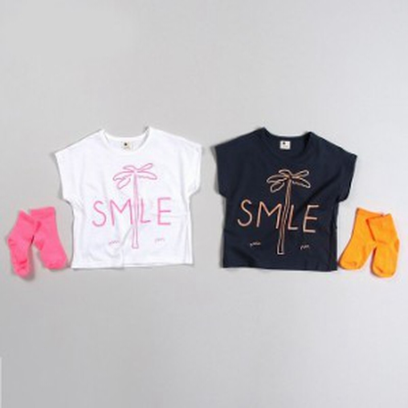 韓国子供服 半袖Tシャツ ヤシの木 パームツリー SMILE ネオンプリント  