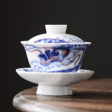 龍騰盛世三才蓋碗茶杯陶瓷泡茶碗帶蓋德化白瓷功夫茶具套裝三件套