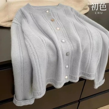 初色 日系甜美純色圓領針織長袖罩衫外套女外套-共3色-39140(F可選)