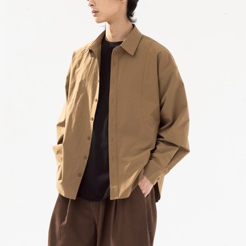 男裝 素面剪接設計長袖襯衫-卡其 S-XL