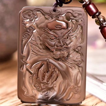 開光 天然冰種黑曜石吊墜大號冰種黑曜石鐘馗佛牌掛墜 男項墜掛件