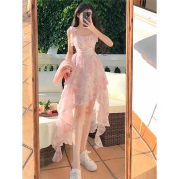 (免運)法式初戀茶歇甜美粉色碎花吊帶連衣裙夏季多巴胺不規則拖尾仙女裙