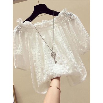 白色一字肩雪紡衫女短袖年新款夏季韓版寬松壓褶洋氣套頭上衣時髦