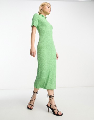 Selected Femme textured jersey zip neck midi dress in green