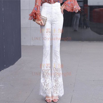 喇叭褲鏤空蕾絲女白色褲子爆款高腰顯瘦微喇休閒褲時尚百搭夏天新款【倪醬】
