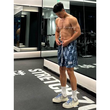 Satjdm美式原創網眼透氣四分短褲滿印logo休閑寬松健身跑步潮牌男