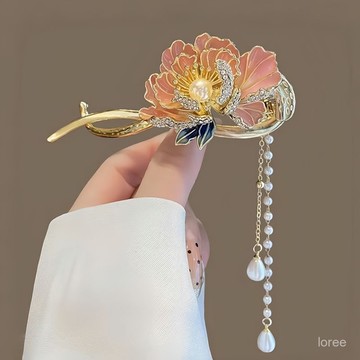 🔥品質超好🔥金屬材質不易斷古風優雅牡丹花流蘇髮夾後腦勺盤髮頭飾髮卡小衆高級感扭扭夾髮飾新款扭扭夾