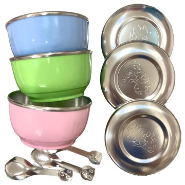 304馬卡龍碗不鏽鋼蓋組 無孔附湯匙 三入 兒童安全餐具 寶寶學習碗  1組  混合顏色  11 x 6cm