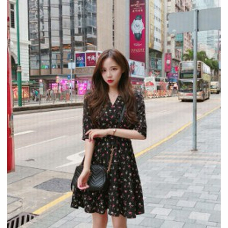韓国 ファッション レディース ワンピース ワンピ ひざ上丈 ミニ丈 花柄 Vネック カシュクール フレア Aライン オルチャン ガーリー レト 通販 Lineポイント最大4 0 Get Lineショッピング